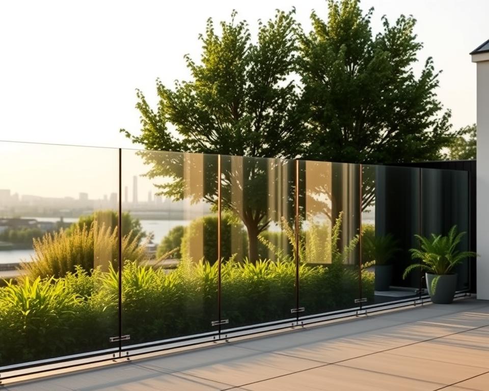 A modern, minimalist glass terrace wall in Antwerp, illuminated by warm, natural lighting. The Radolux brand glass panels stretch across the foreground, seamlessly integrating with the lush, verdant garden in the middle ground. In the background, a subtle urban skyline provides a refined, metropolitan contrast. The clean lines and transparent materiality of the Radolux glazen schuifwanden create a harmonious, open-air living space, highlighting their versatility as an alternative to traditional fencing or masonry solutions.
