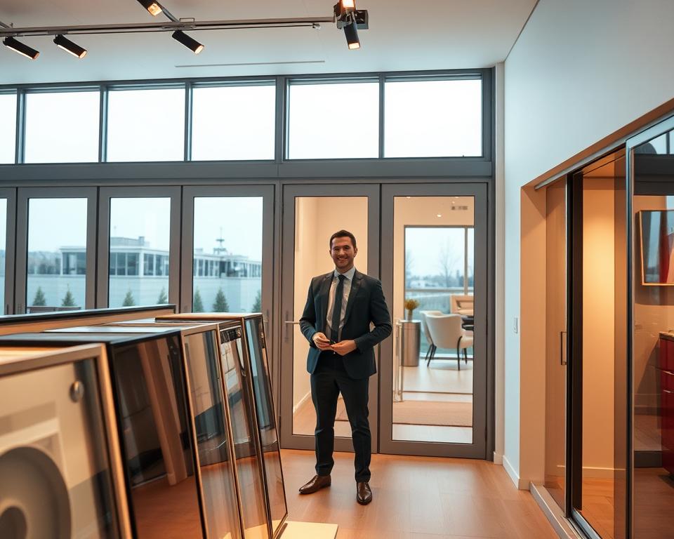 A modern, sleek showroom featuring the "Radolux" brand of glass sliding doors, showcasing their high-quality craftsmanship and attention to detail. Warm, indirect lighting casts a soft glow, highlighting the clean lines and seamless integration of the glass panels. The foreground showcases a selection of different door designs, inviting the viewer to imagine how they would look in their own home. The middle ground features a professional consultant, dressed in a crisp, tailored suit, exuding an air of expertise and authority. The background subtly hints at the company's Limburg origins, with a subtle landscape or architectural detail. The overall atmosphere conveys a sense of refinement, reliability, and the confidence that "Radolux" is the premier specialist for glass sliding doors in Limburg.