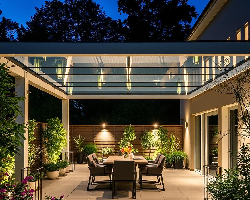 A modern, well-lit terrace with a sleek, glass-paneled Radolux pergola overhead, casting a soft, natural glow across the patio. The structure's clean lines and minimalist design create an airy, sophisticated ambiance, complementing the lush greenery and vibrant flowers that surround the space. Strategically placed lighting fixtures illuminate the area, lending a warm, inviting atmosphere perfect for alfresco dining or relaxation. The transparent panels allow for unobstructed views of the sky, blending the indoor and outdoor living experience seamlessly. This harmonious blend of form and function embodies the essence of price transparency and cost-efficiency for the Antwerp homeowner seeking a high-quality, versatile outdoor solution.