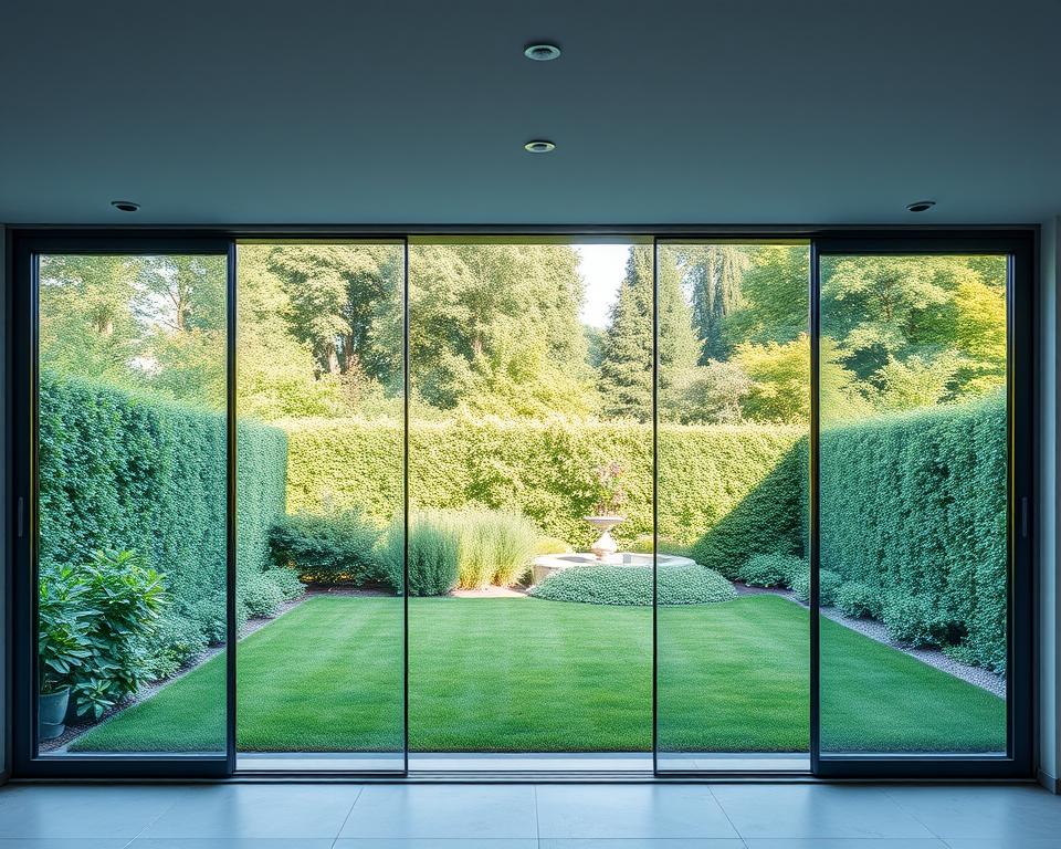 A well-designed glass sliding wall system by Radolux, featuring a stunning panoramic view of a lush green garden in Antwerp. The frameless glass panels seamlessly integrate with the surrounding landscape, allowing natural light to flood the space. The sleek, minimalist design creates a harmonious and contemporary atmosphere, perfectly suited for an elegant backyard oasis. Soft, diffused lighting from above highlights the high-quality craftsmanship and attention to detail. The smooth, effortless operation of the sliding mechanism invites you to explore the outdoor living area with ease. This Radolux glass sliding wall system embodies the perfect balance of functionality and aesthetics, making it an exceptional choice for the discerning homeowner in Antwerp.