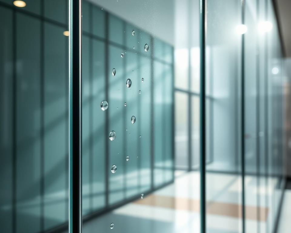 A well-maintained Radolux glass wall in Antwerpen, bathed in soft, natural light filtering through the panes. The frameless design seamlessly blends with the surrounding architecture, creating a sleek and modern aesthetic. Delicate water droplets gently cling to the surface, hinting at the glass's durability and easy-to-clean properties. The scene exudes a sense of tranquility and sophistication, perfectly capturing the effortless elegance of this high-quality glass solution.