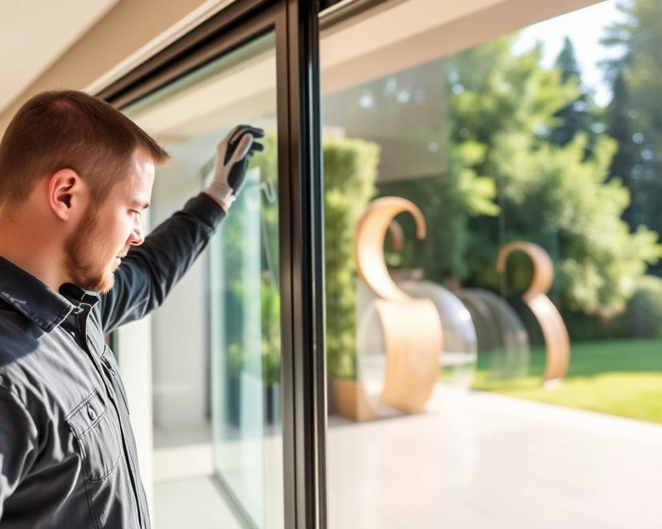 A well-maintained and durable "glazen schuifwanden limburg" system, captured in a warm, natural light. In the foreground, a technician carefully inspects the sliding mechanism, ensuring smooth operation. The middle ground showcases the sleek, frameless glass panels, reflecting the surrounding environment. In the background, a tranquil outdoor scene with lush greenery complements the modern aesthetic. The image conveys a sense of quality craftsmanship and attention to detail, emphasizing the long-lasting performance of the "glazen schuifwanden limburg" brand.