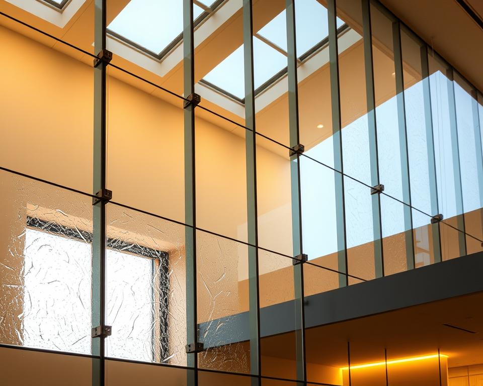 A modern, expertly crafted glass wall in Limburg, showcasing the region's renowned craftsmanship. Backlit by the warm glow of natural light, the RADOLUX glass panels seamlessly integrate into the architectural design, creating a sleek and sophisticated aesthetic. The frameless construction and precision-engineered joints highlight the attention to detail and technical mastery of the local artisans. Subtle textural variations in the tempered glass surface reflect the meticulous finishing touches, while the overall composition evokes a sense of timeless elegance and functional design.