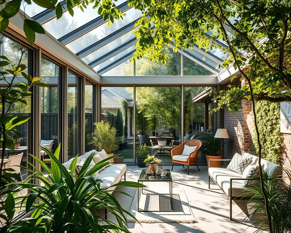 A sun-dappled glass-enclosed garden room, adorned with lush greenery, nestled in the verdant landscapes of Limburg. Sleek RADOLUX sliding glass walls frame the tranquil scene, seamlessly blending indoor and outdoor spaces. Warm natural light filters through the expansive windows, casting a serene glow upon the cozy furnishings and verdant foliage. The serene ambiance evokes a sense of rejuvenation and connection with nature, perfect for a relaxing reprieve in one's own backyard oasis.