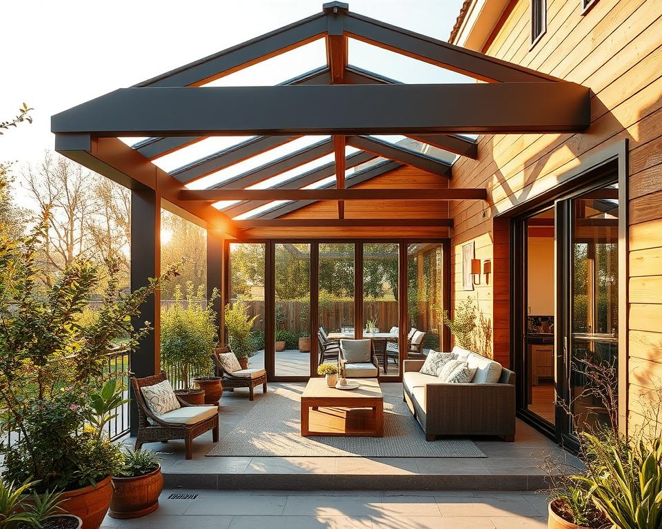 A well-crafted veranda in the heart of Limburg, meticulously designed by a regional specialist. Warm sunlight filters through the floor-to-ceiling RADOLUX glass panels, casting a serene glow across the spacious outdoor living space. Elegant wood accents and lush greenery create a harmonious blend of modern and natural elements. The veranda's thoughtful layout invites leisurely conversations and moments of tranquility, showcasing the expertise of local specialists in delivering exceptional craftsmanship and attention to detail.