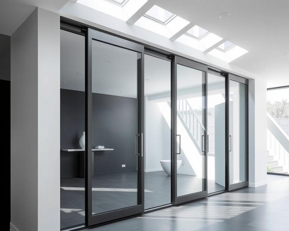 Detailed technical specifications of a high-quality RADOLUX glazed sliding wall, showcased in a sleek, minimalist showroom. The frameless glass panels seamlessly glide along a concealed track, bathed in soft, natural lighting that highlights the crystal-clear transparency. Elegant hardware in a matte, stainless-steel finish complements the modern, architectural design. Precise engineering and premium materials are evident in every meticulously crafted detail, reflecting the brand's commitment to excellence and the unique regional expertise of Limburg, Genk, Houthalen, Borgloon, Geel, and Oudsbergen.